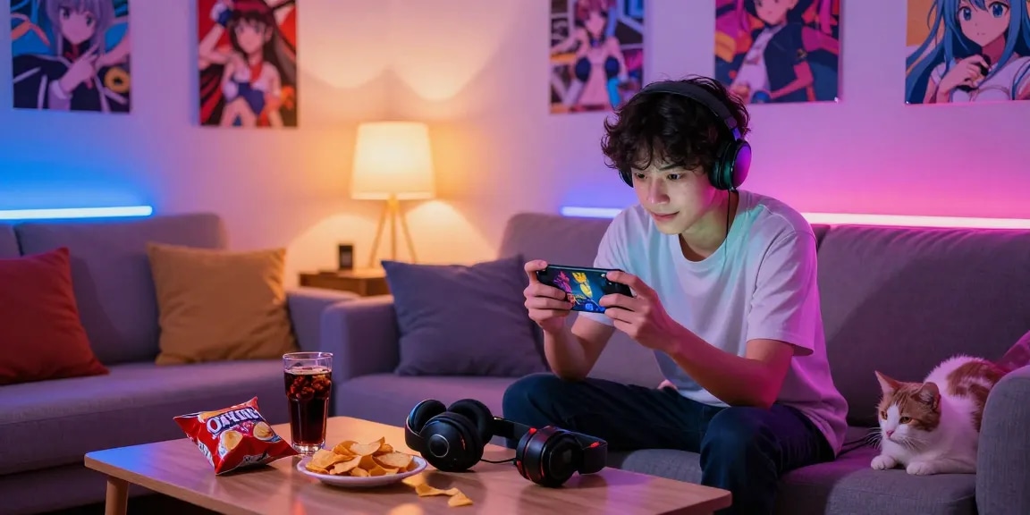 Enjoying thrilling mobile hentai games on a cozy couch.