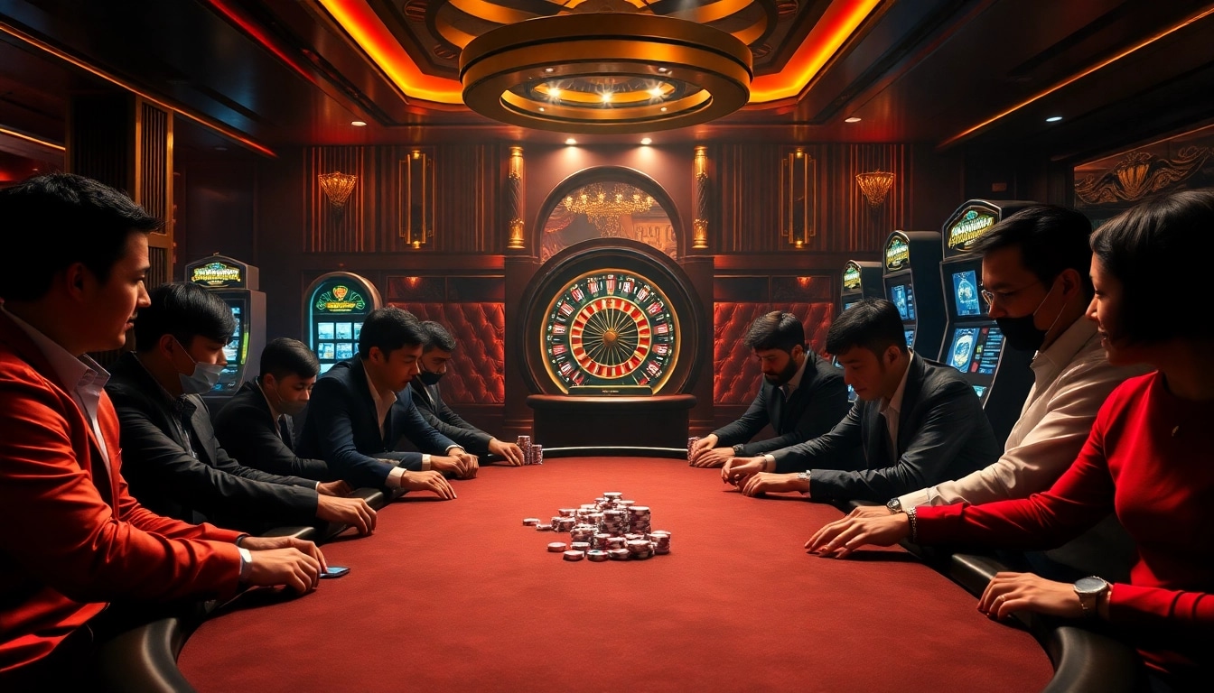 Players engaging intensely at a poker table in a luxurious casino, emphasizing Nhà Cái RR88's exciting gambling atmosphere.