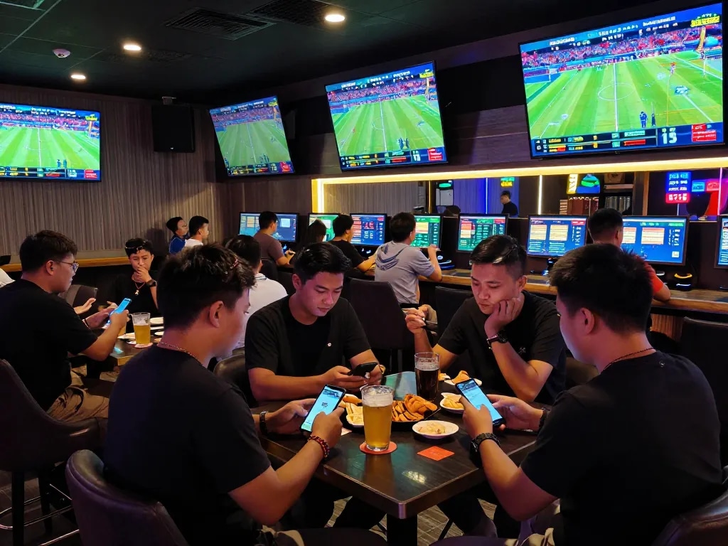 Kèo nhà cái action captured in a sports betting scene with fans analyzing odds and live matches.