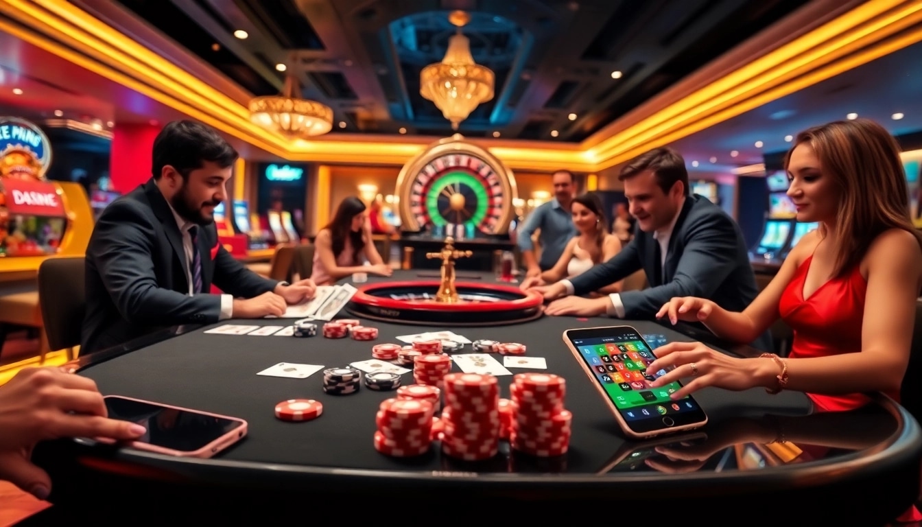 Engage in exciting games at https://nk88.baby/ with vibrant cards, chips, and roulette wheels in a luxurious casino.