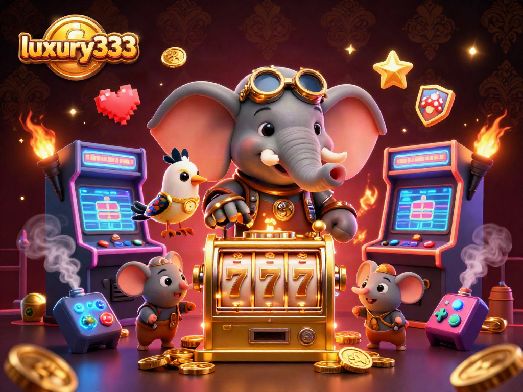 Memperlihatkan elemen kasino dengan tema steampunk, luxury333, di dalam ilustrasi 3D yang kaya warna.