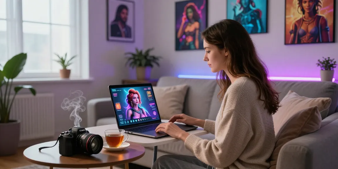 Engaging NSFW AI interaction in a cozy workspace setting, showcasing a woman chatting with her AI companion.