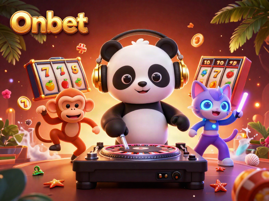 Engage in thrilling slot action at Onbet with vibrant characters in a dynamic casino scene.
