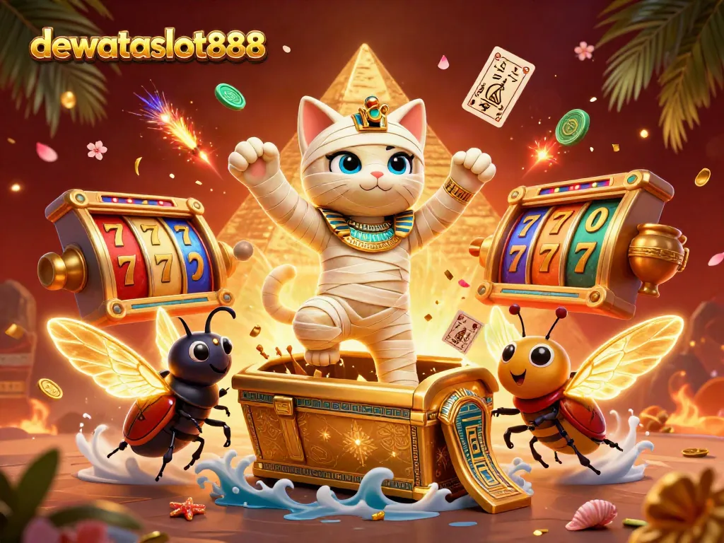 dewataslot888 menghadirkan mumi kucing emas dan elemen kasino slot yang menarik dalam ilustrasi 3D.