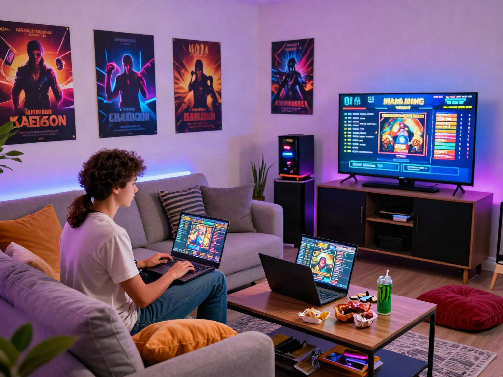 Engaged gamers playing online slots in a vibrant living room.