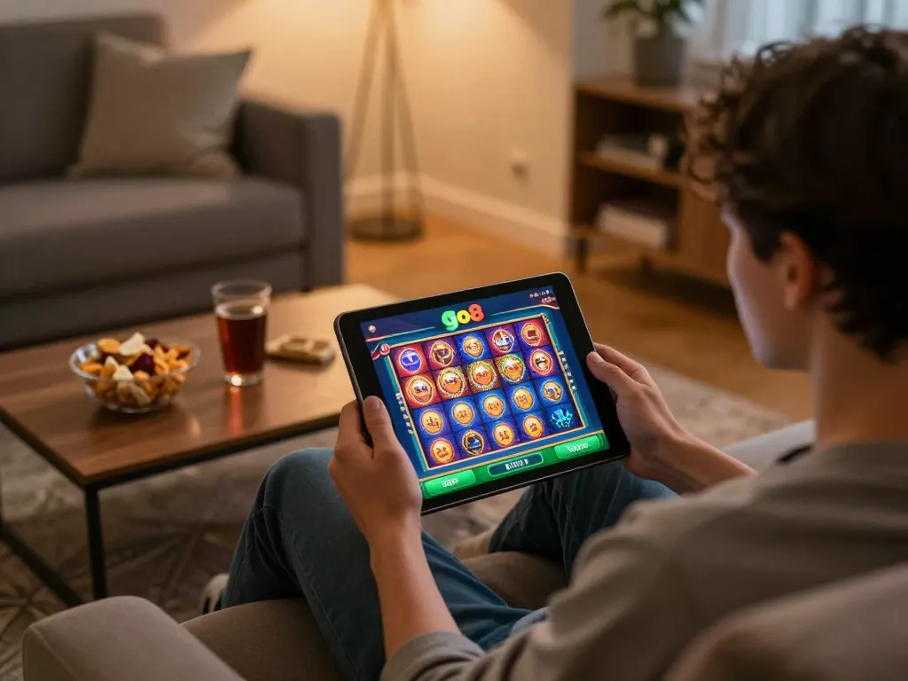 Engaging with the go8 casino app during a relaxed home gaming session.