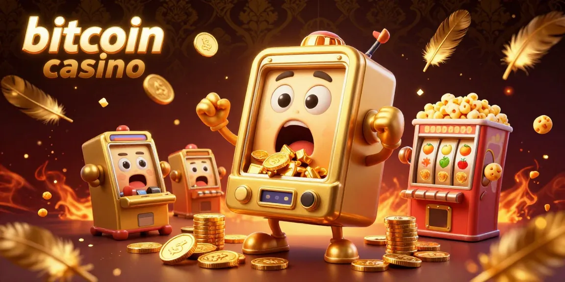 Experience the excitement at a bitcoin casino with a joyful golden slot machine hitting a jackpot as coins burst forth.