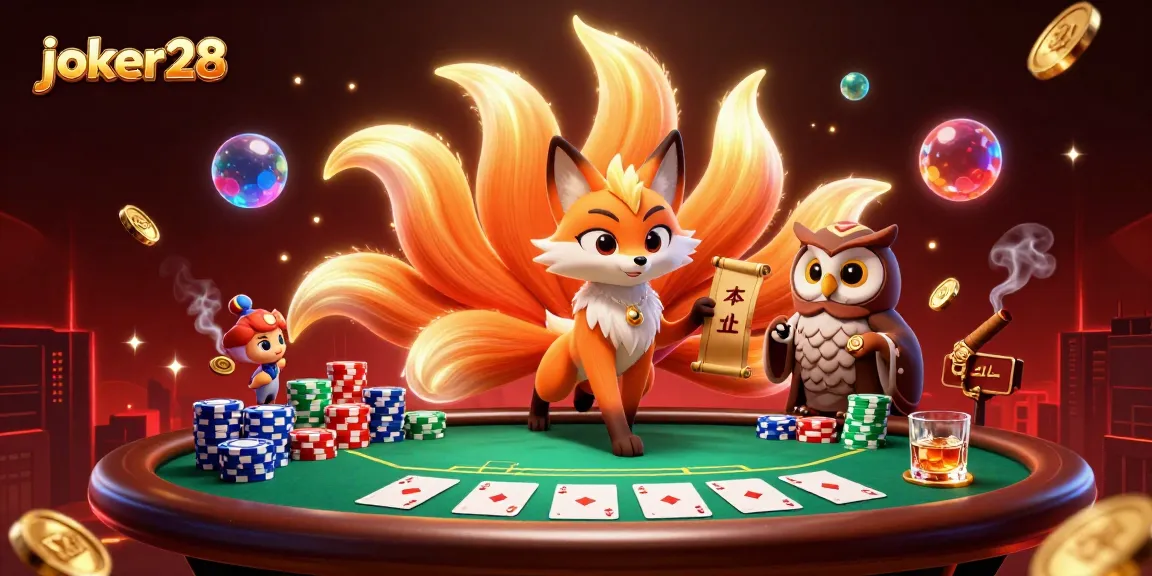 Engage with joker28 at this lively poker scene featuring a glowing nine-tailed fox and wise owl sage.