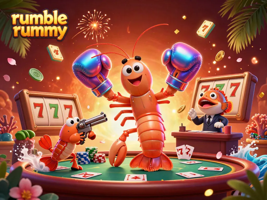 Experience the excitement of rumble rummy with vibrant slot elements and lively characters.