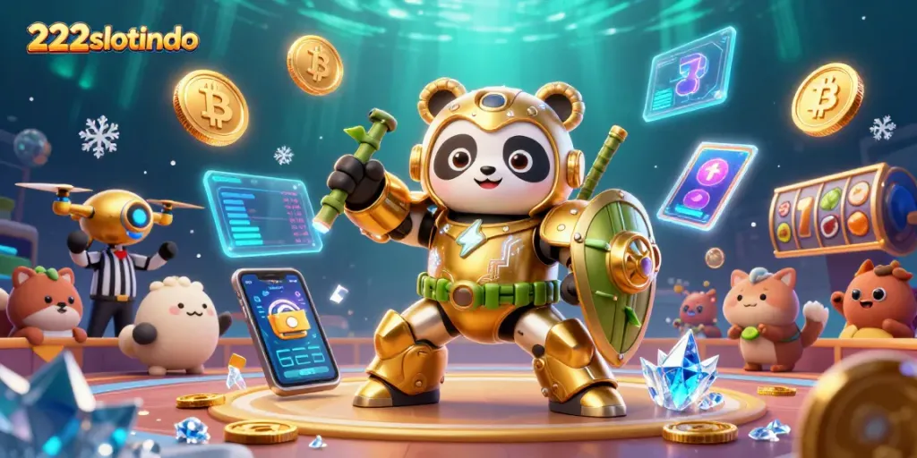 Bermain di 222slotindo dengan robot tempur berwarna emas dan simbol slot, dikelilingi koin crypto.
