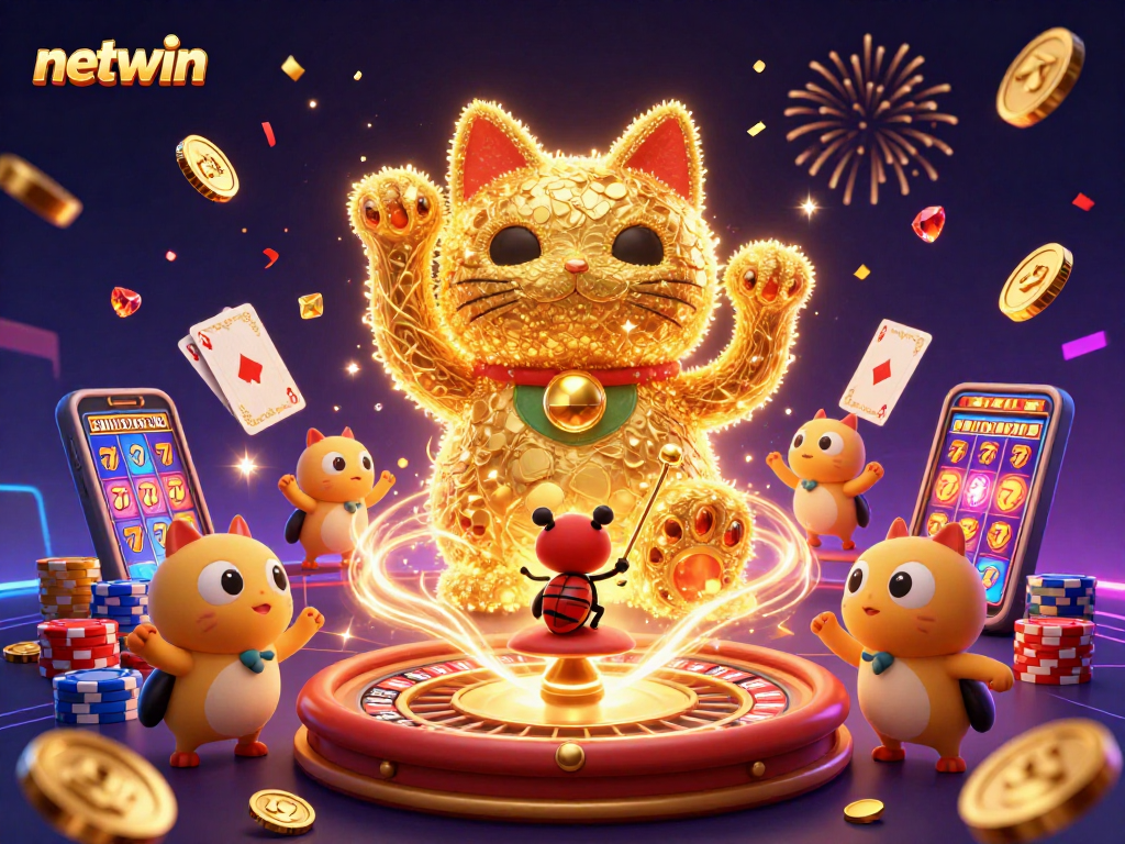 Experience the thrilling netwin casino world with a lucky cat and casino symbols.