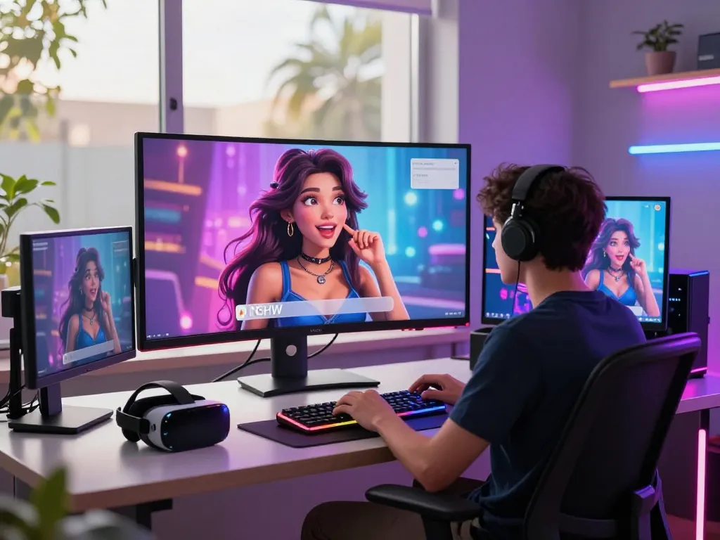 Engaging NSFW AI character interaction at a modern workspace with vibrant digital displays.