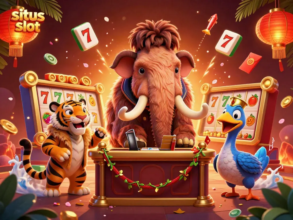 Mengunjungi situs slot dengan bouncer mammoth dan tamu VIP di ilustrasi kasino