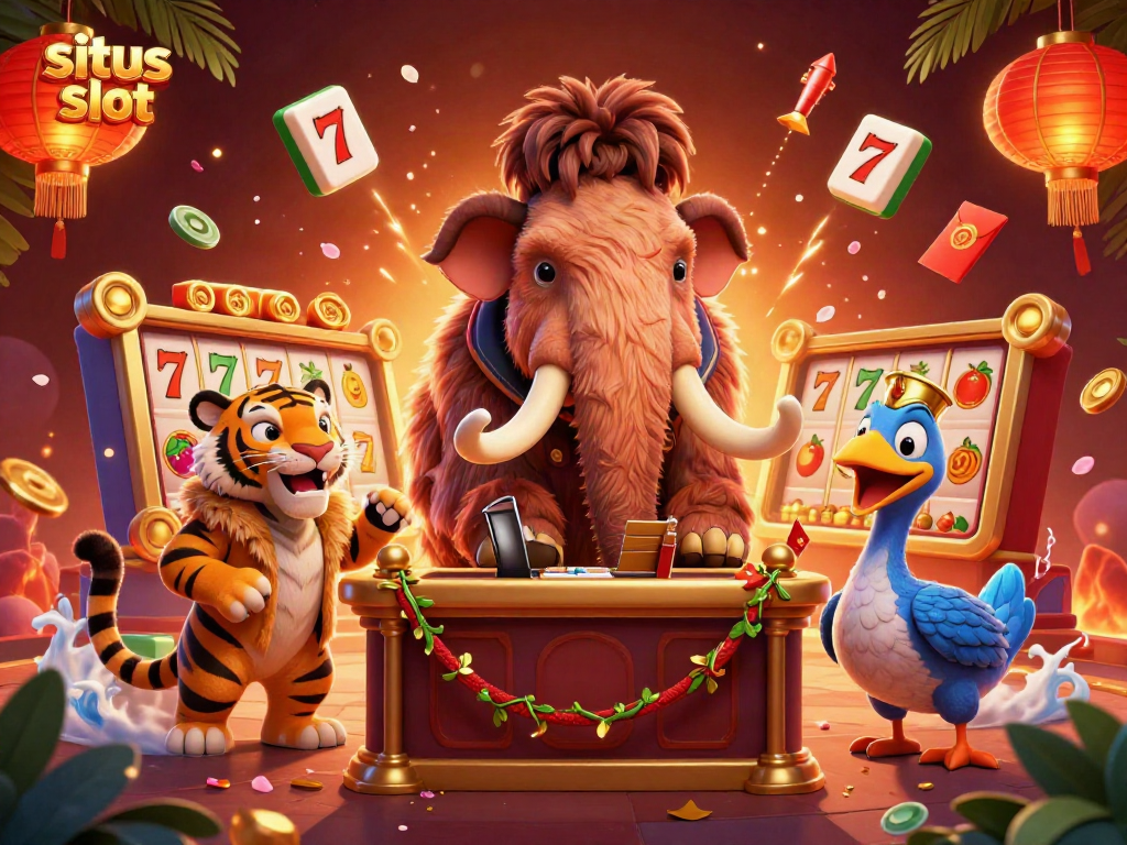 Mengunjungi situs slot dengan bouncer mammoth dan tamu VIP di ilustrasi kasino
