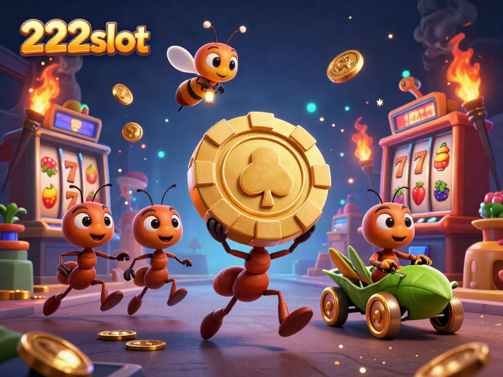 Tim semut 222slot mencuri chip poker emas besar, dikelilingi simbol mesin slot.
