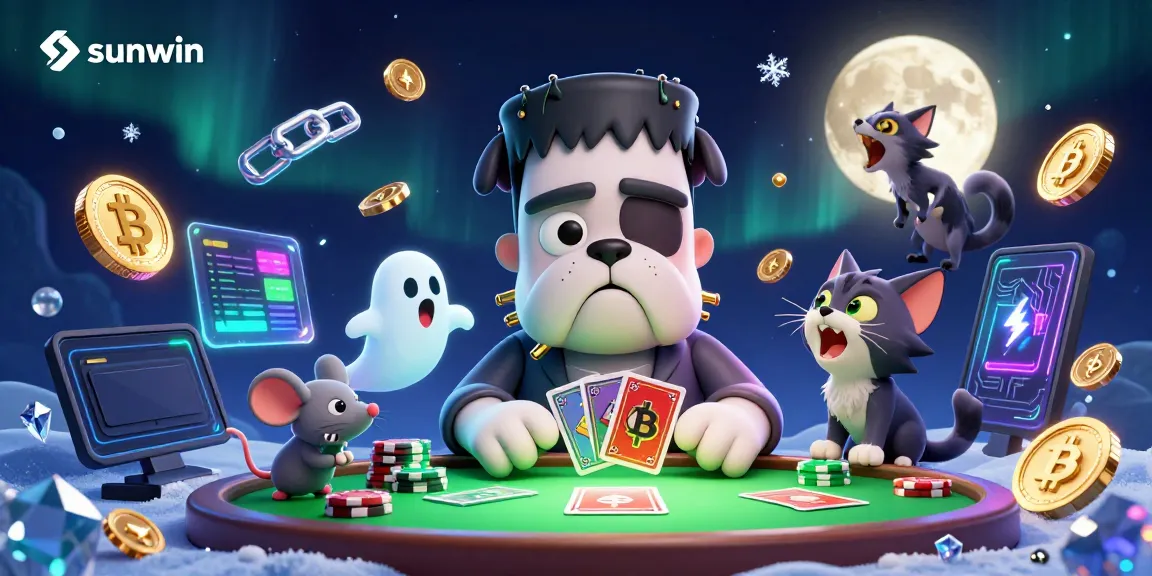 Engaging sunwin casino experience featuring a cartoon bulldog dealer with fantasy elements and cryptocurrency theme.