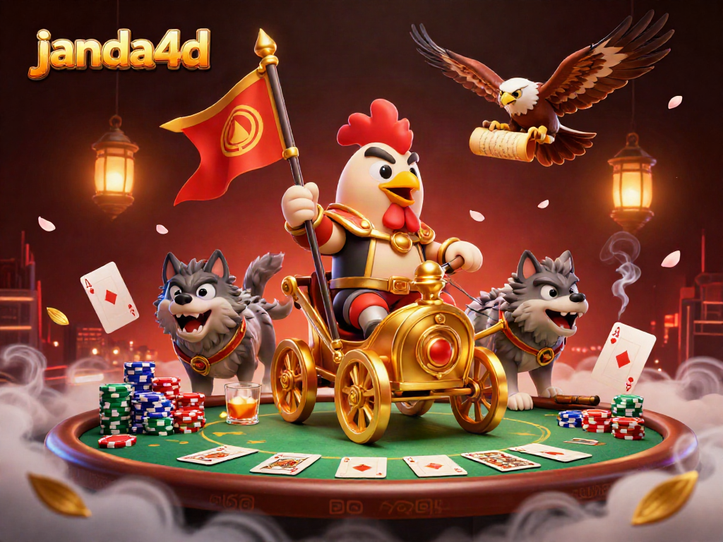 JANDA4D menghadirkan ilustrasi kasino megah dengan karakter perang dan elemen poker menarik.
