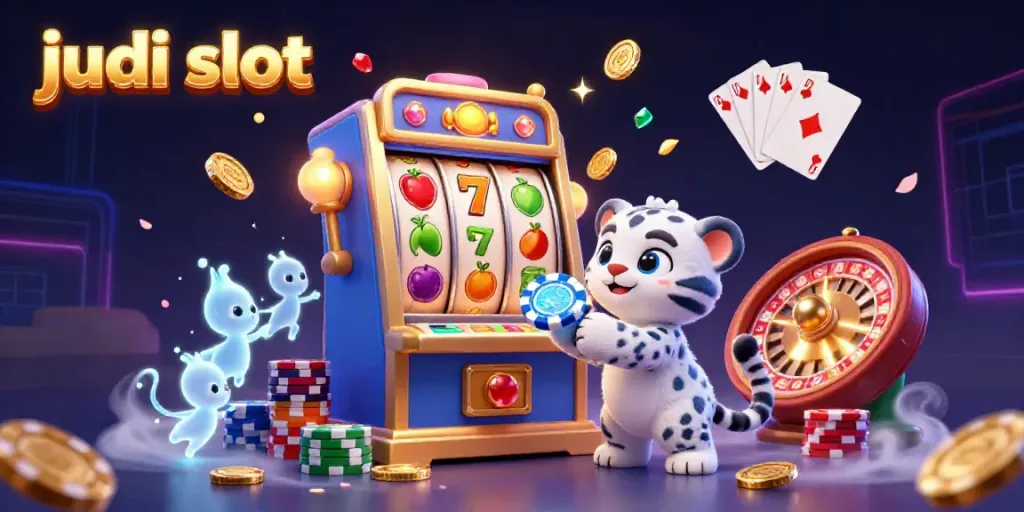 Animasi judi slot yang menampilkan mesin slot berwarna cerah dan tumpukan koin emas, untuk meningkatkan pengalaman bermain.