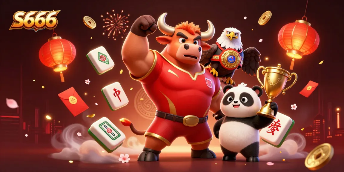 S666 brings vibrant gaming excitement with a muscular bull, eagle, and panda celebrating in a festive casino atmosphere.