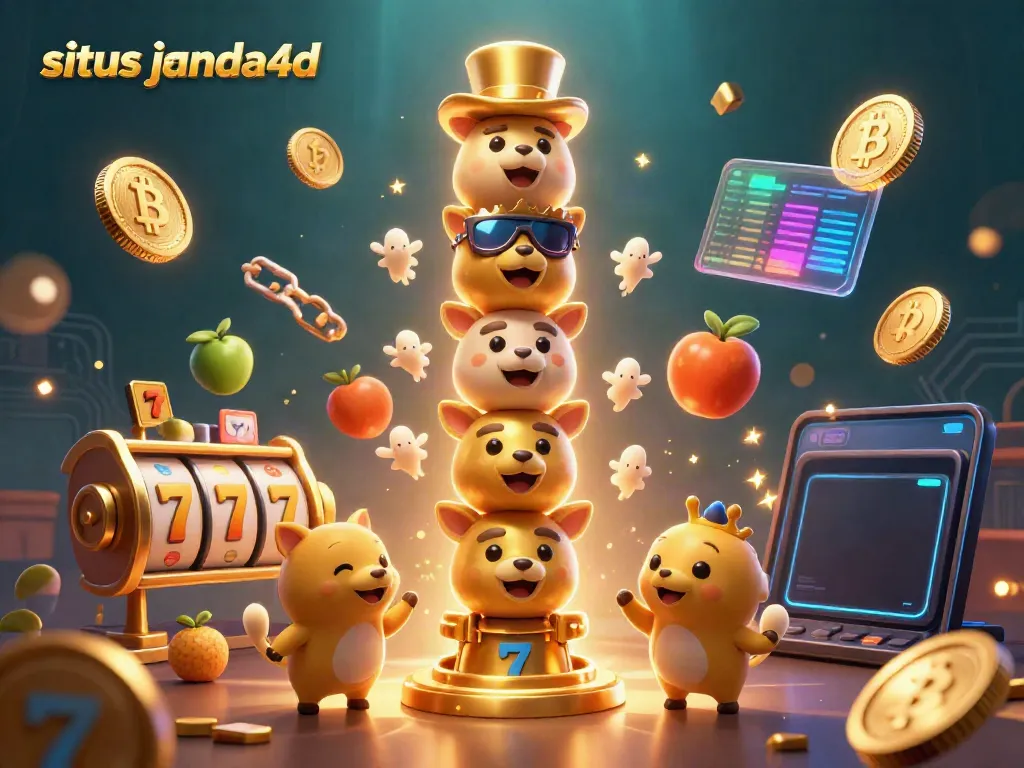 Visualisasi berwarna-warni tentang situs janda4d dengan simbol perjudian dan elemen kasino.