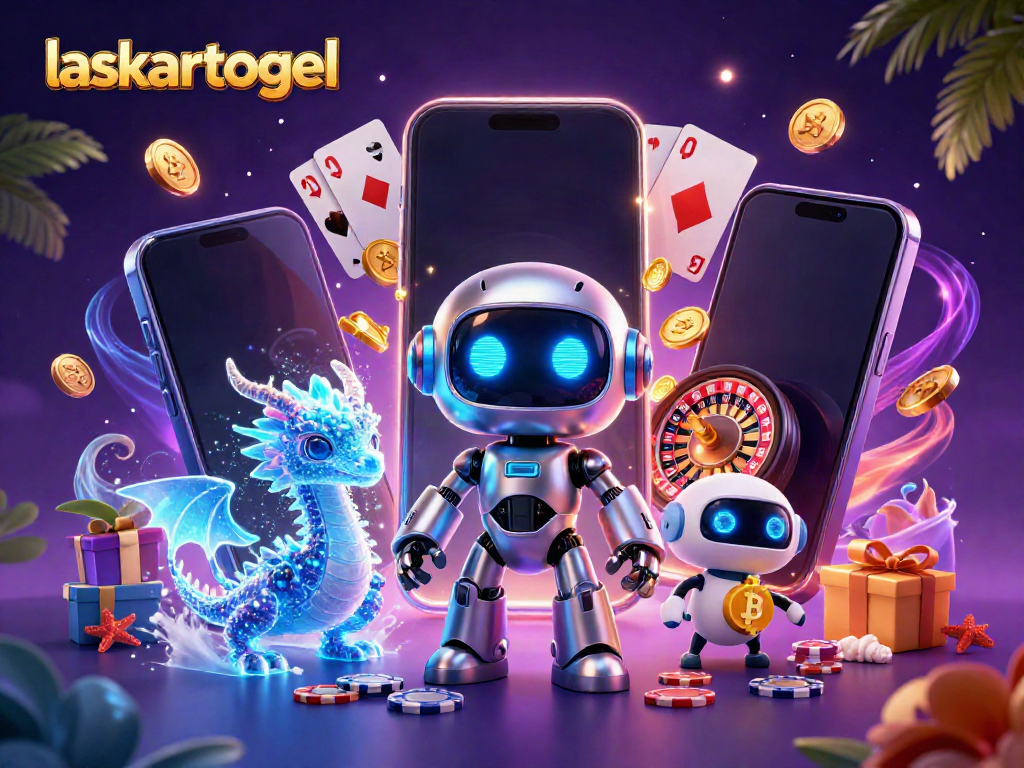 Engage with laskartogel through a dynamic 3D illustration showcasing a cyberpunk robot, holographic dragon, and bitcoin drone amidst vibrant casino game elements.
