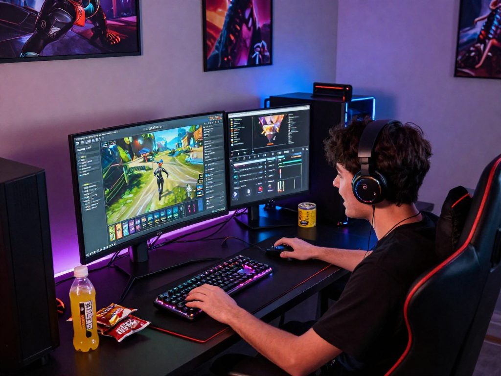 Engaged gamer using FairPlay id platform with performance gear in a vibrant gaming room.