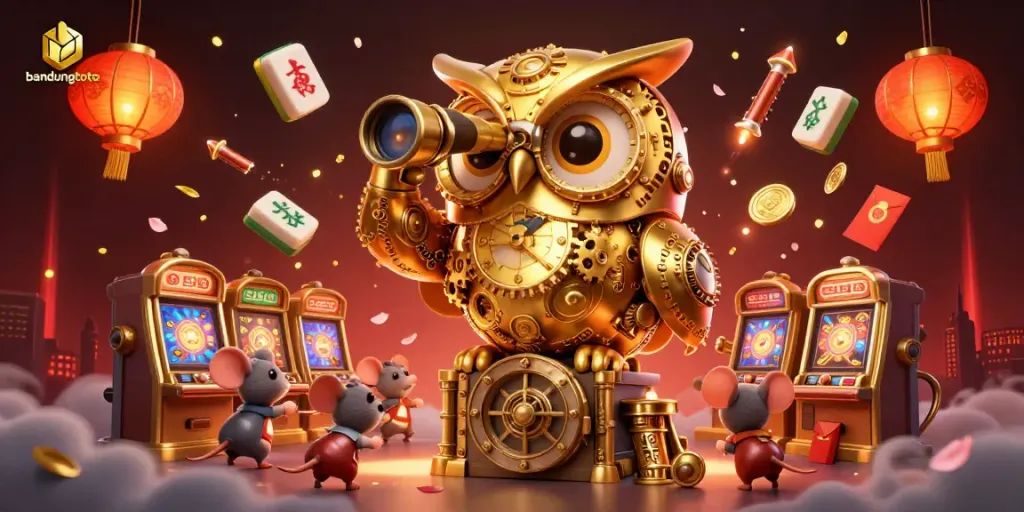 Experience thrilling gameplay with bandungtoto as the golden owl surveys a lively casino floor filled with excitement.