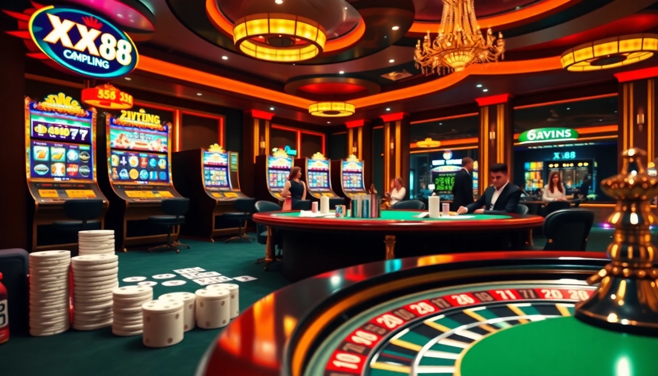 Engaging scene at XX88 online casino with thrilling poker and colorful slot machines lighting up the space.