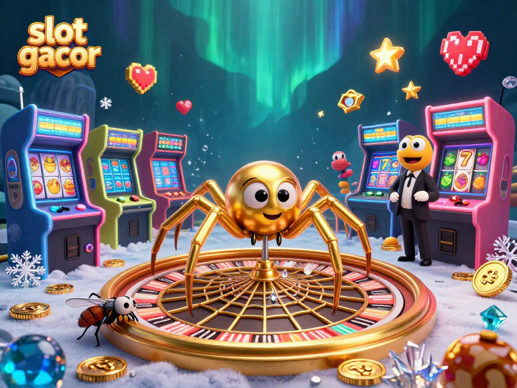 Experience vibrant slot gacor excitement with a golden spider in a dynamic casino scene.