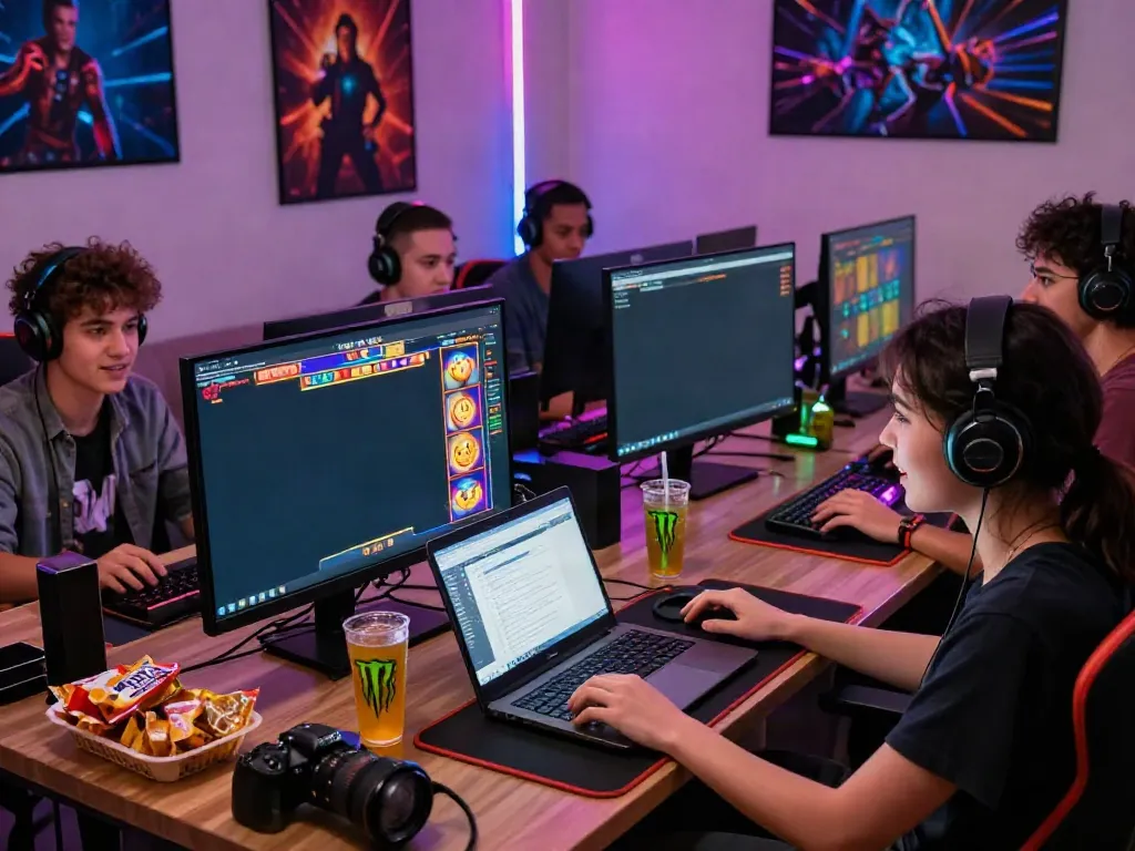 Engaging scene of friends playing SLOT GACOR games on a computer setup with snacks and energy drinks.
