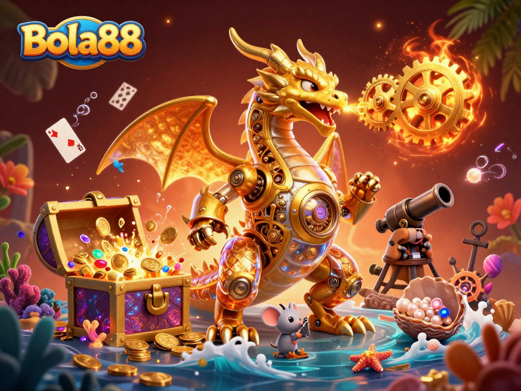 Bola88 mempersembahkan ilustrasi 3D ajaib dengan naga emas mekanikal di tengah harta karun kasino