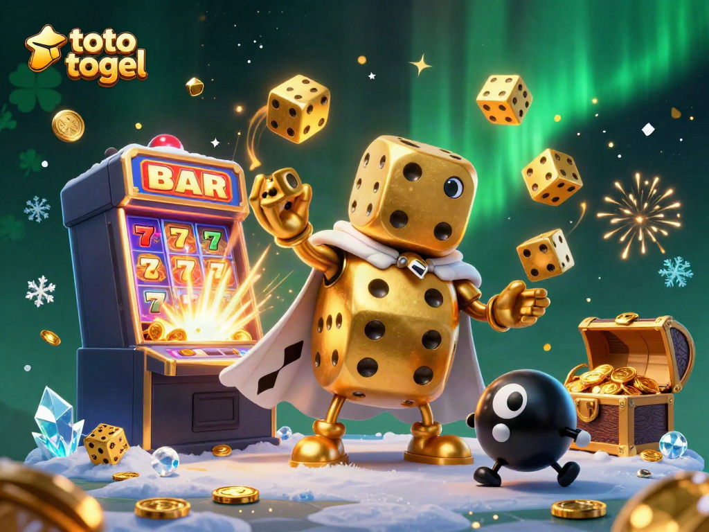 Experience fun and excitement with "toto togel" represented by a dynamic scene of dice and jackpot wins in a colorful casino.