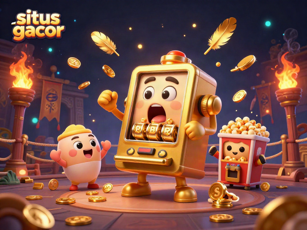 Mesin slot emas animasi situs gacor yang meraih jackpot dengan koin tumpah dan mesin slot kecil bersorak.