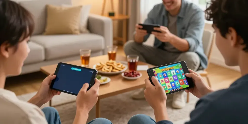 Players enjoying bingo app download apk in a cozy living room setting, vibrant gaming atmosphere with rewards displayed.