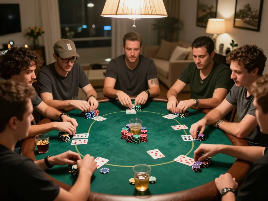 Engaging home poker night featuring friends playing with rik vip cards and colorful chips around a table