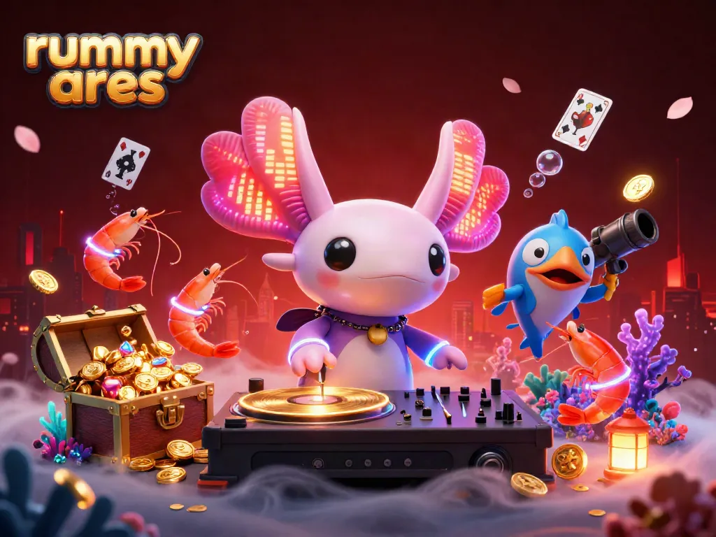 Engage with thrilling rummy gameplay on Rummy Ares featuring animated axolotl DJ and glowing characters.