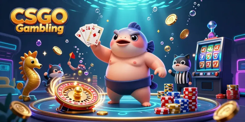 Experience CSGO Gambling excitement with fugu in sumo attire and catfish referee in a vibrant underwater scene.