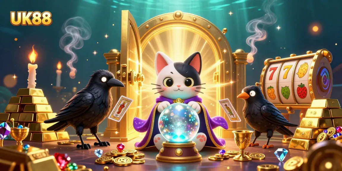 Experience excitement with UK88 in this vibrant 3D casino scene showcasing a fortune teller cat and raven.
