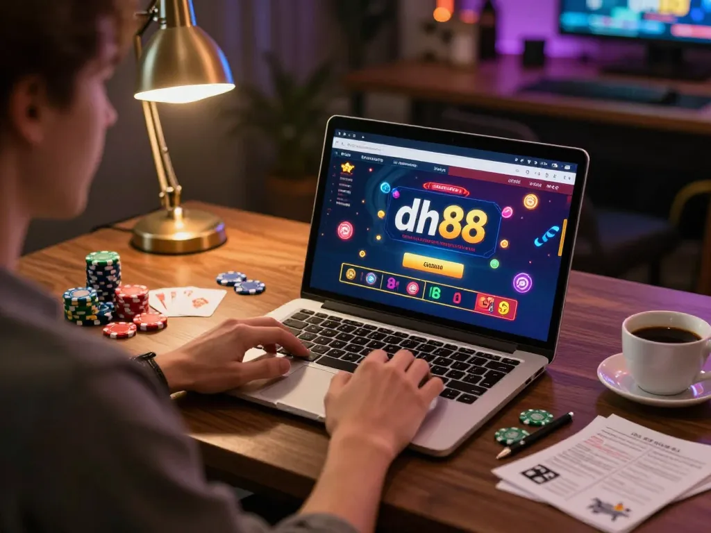 Engaged player enjoying dh88 gaming app on laptop, showcasing colorful poker elements and cozy atmosphere.
