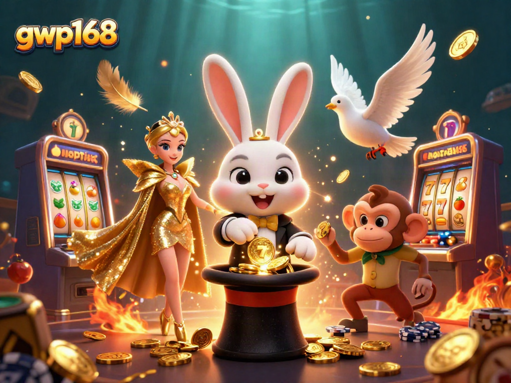 Ilustrasi gwp168 yang menggambarkan kelinci dan karakter lain beraksi di kasino dengan slot dan koin emas.