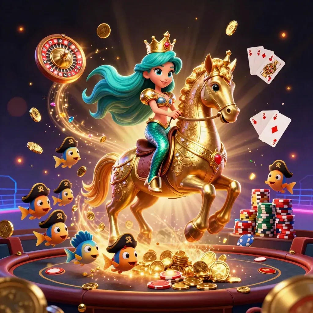 Mermaid princess on armored seahorse with coins, cards, chips, and roulette in neon casino glow.
