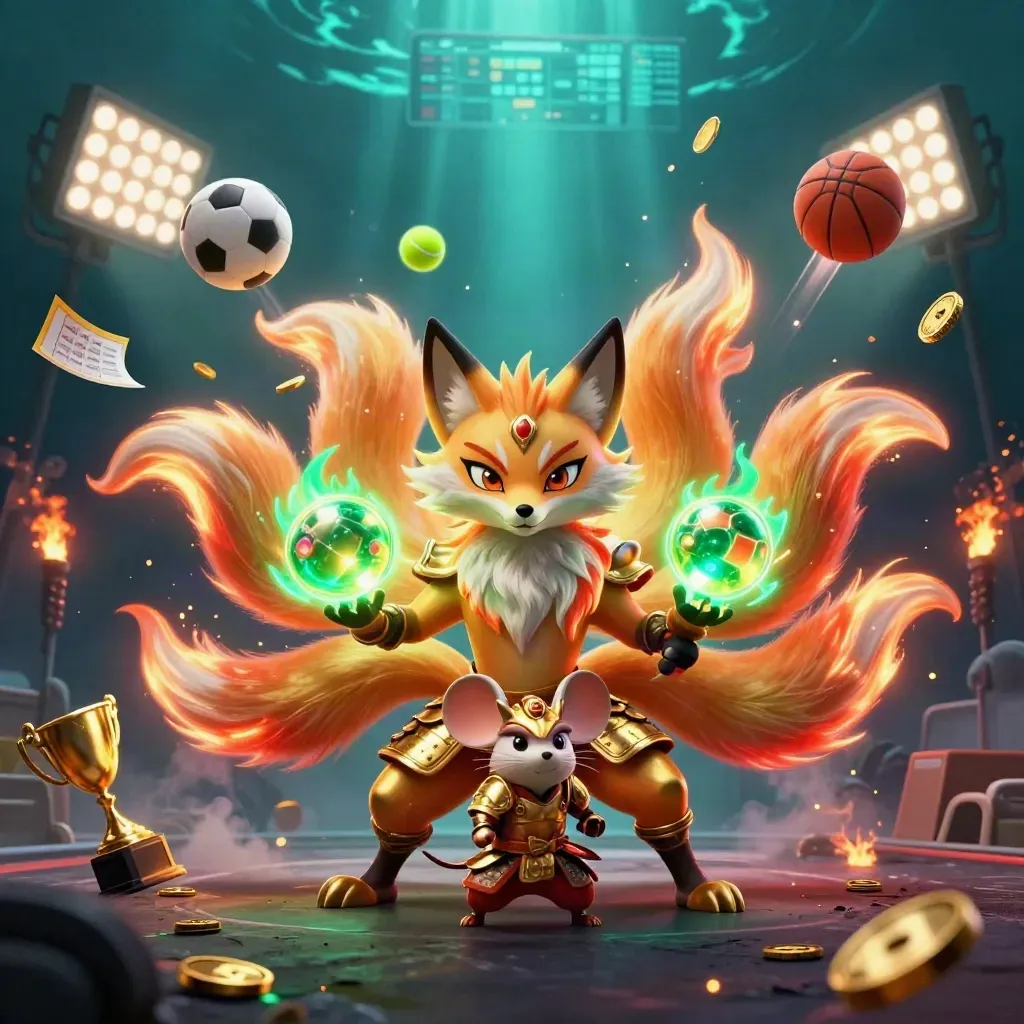 Fox spirit and golden mouse amid flying sports balls, coins, trophy, and floodlit casino glow.