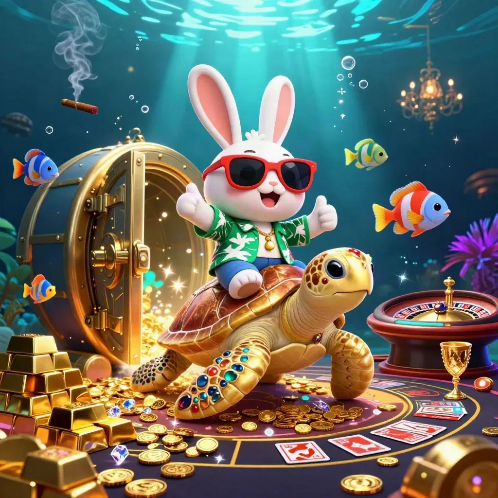 Lucky rabbit on a golden sea turtle by a glowing vault, with casino lights and underwater rays.