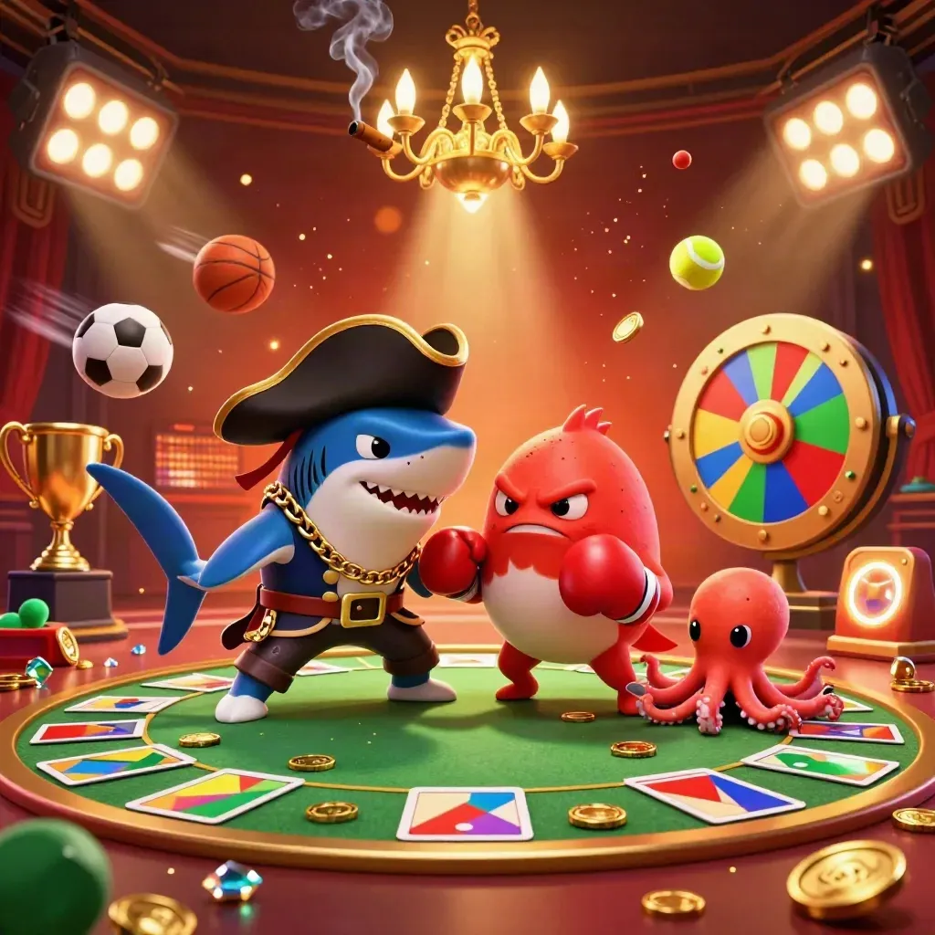 Pirate shark, boxer pufferfish, and coin-juggling octopus amid casino lights and floating sports balls
