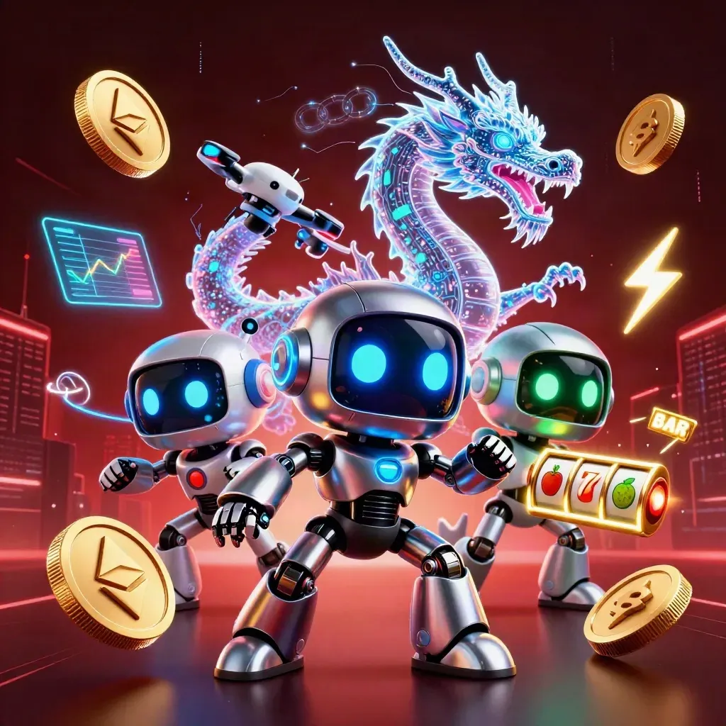 Cyberpunk robot, holographic dragon, and coin drone amid casino coins and neon energy