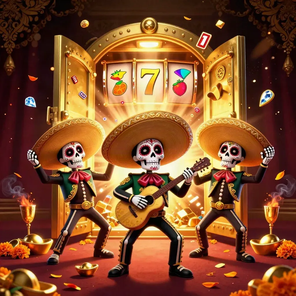 Skeleton mariachi trio amid a vault blast, gold, gems, petals, and casino glow