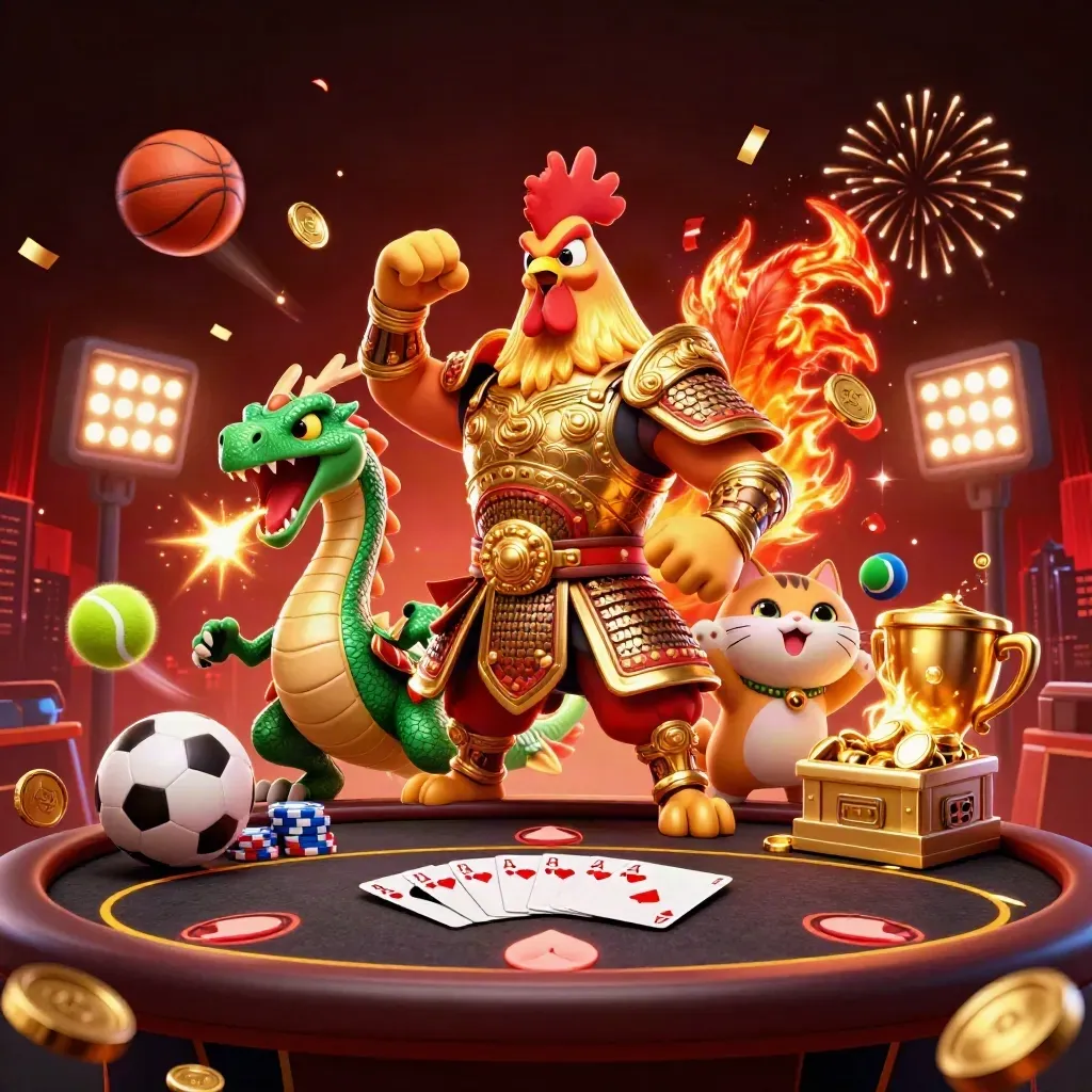 Rooster warrior, dragon hatchling, and fortune-cat amid coins, poker chips, and fireworks.