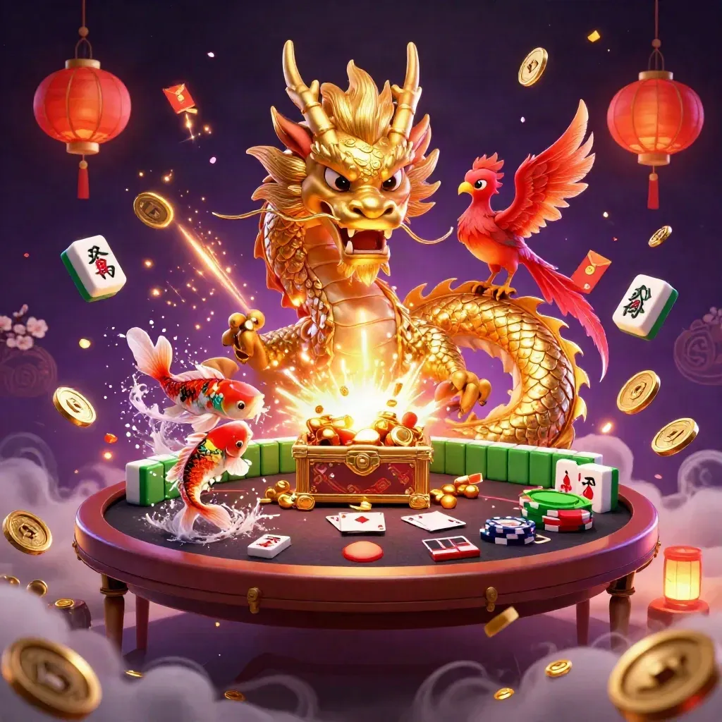 Golden dragon, phoenix, koi and poker symbols burst in a luxe casino celebration.