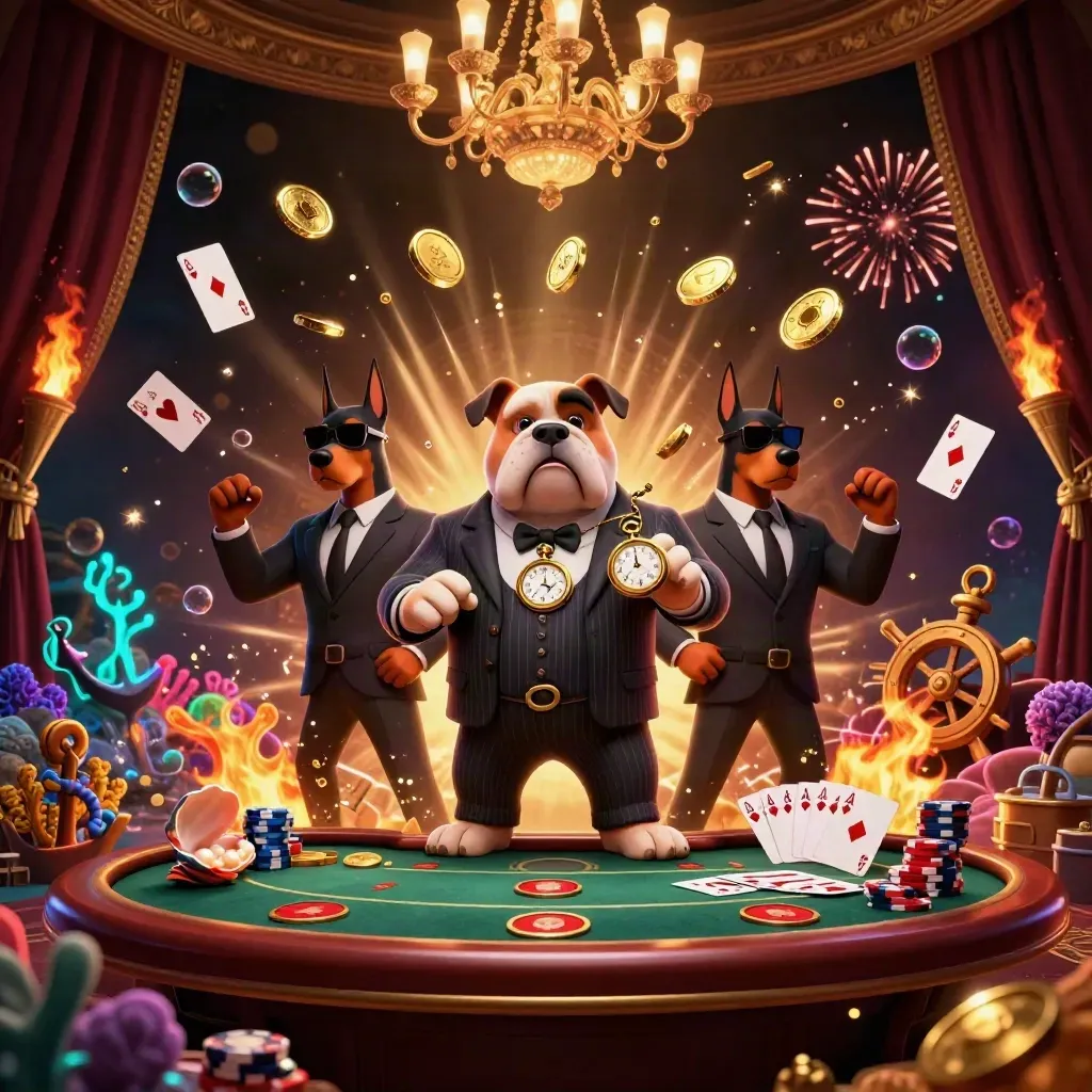 Bulldog mob boss with Doberman guards amid coins, coral, cards, chips, and fireworks