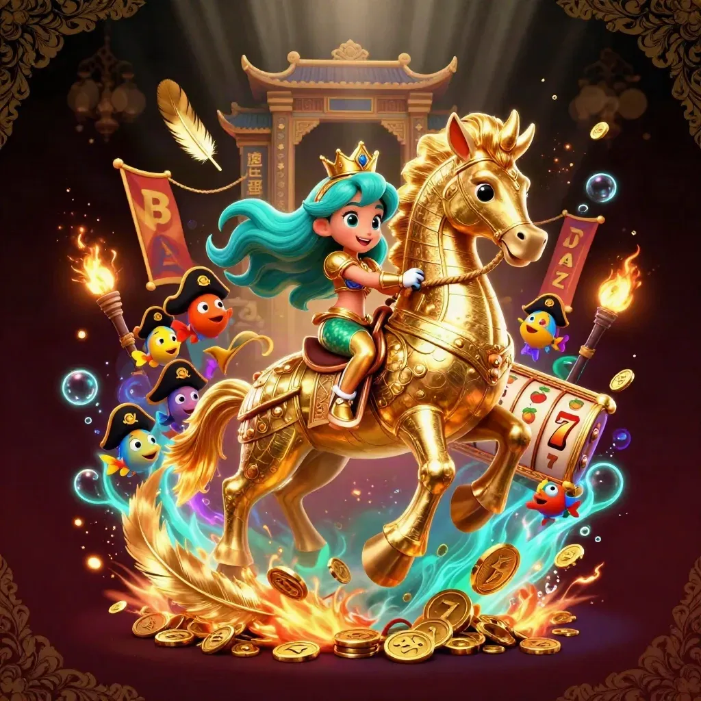 Mermaid princess on armored seahorse with pirate fish, casino symbols and gold glow